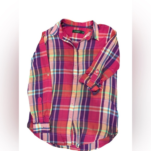 Ralph Lauren Womens Size Medium Pink Purple Paid Flannel Blouse Shirt Top Button - Picture 3 of 10